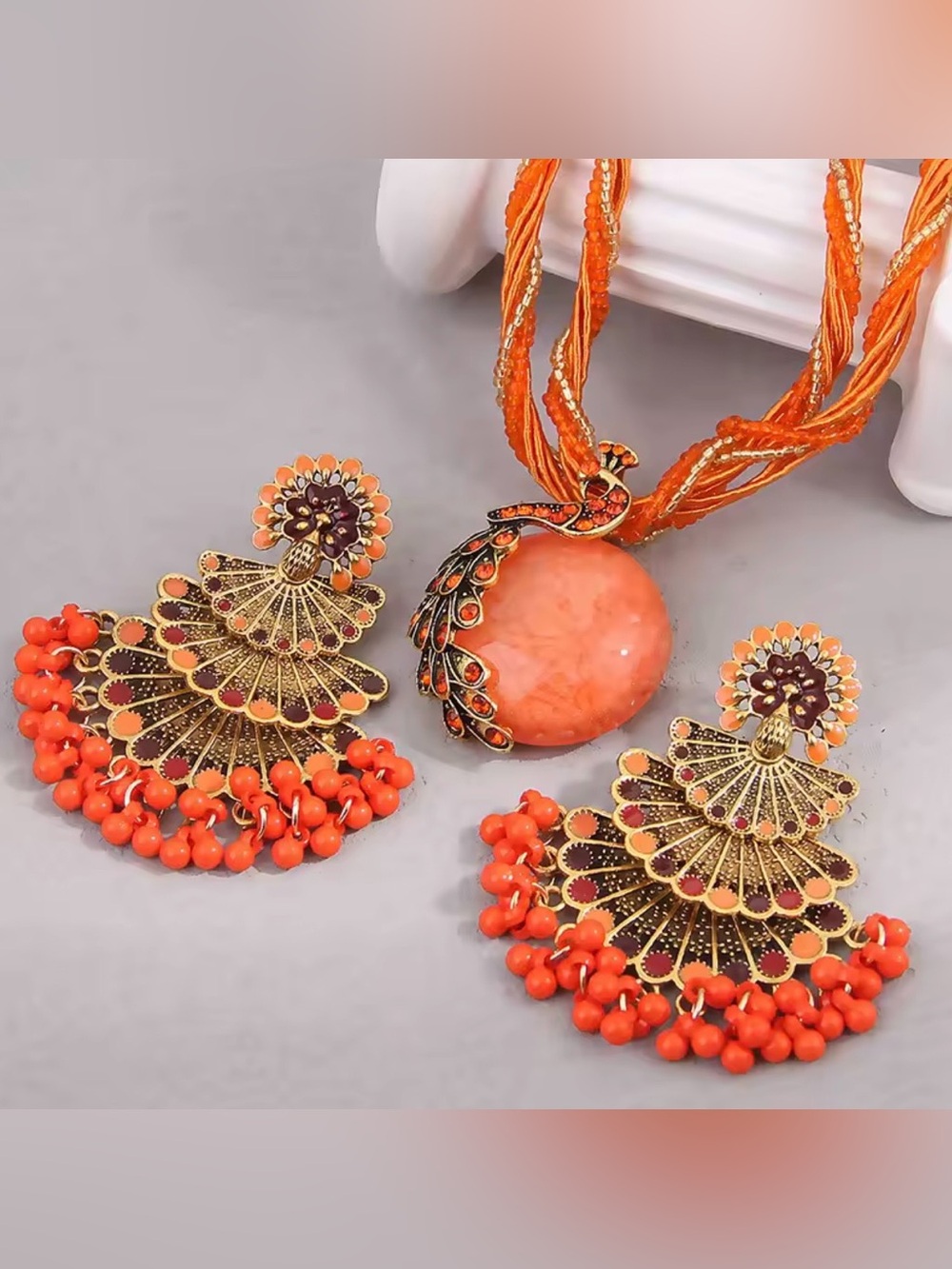 Orange Bead tassels peacock earrings + jade Pendant Necklace multi layer corded